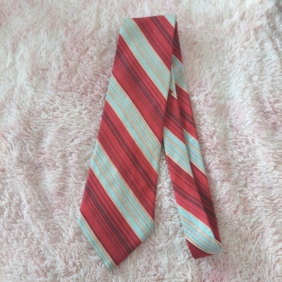 Yves Saint Laurent Neck Tie In Red WithLight Blue Stripes Silk - Picture 1 of 4